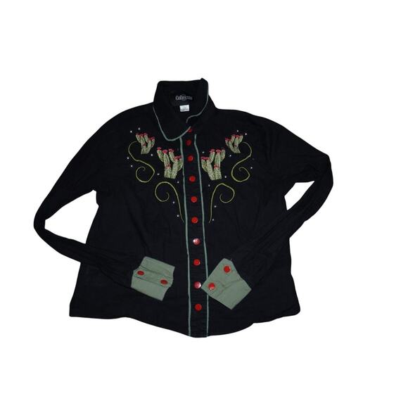 Collectif London Western Cactus Embroidered Shirt Black Red Buttons Size S UK 10 - Picture 7 of 12